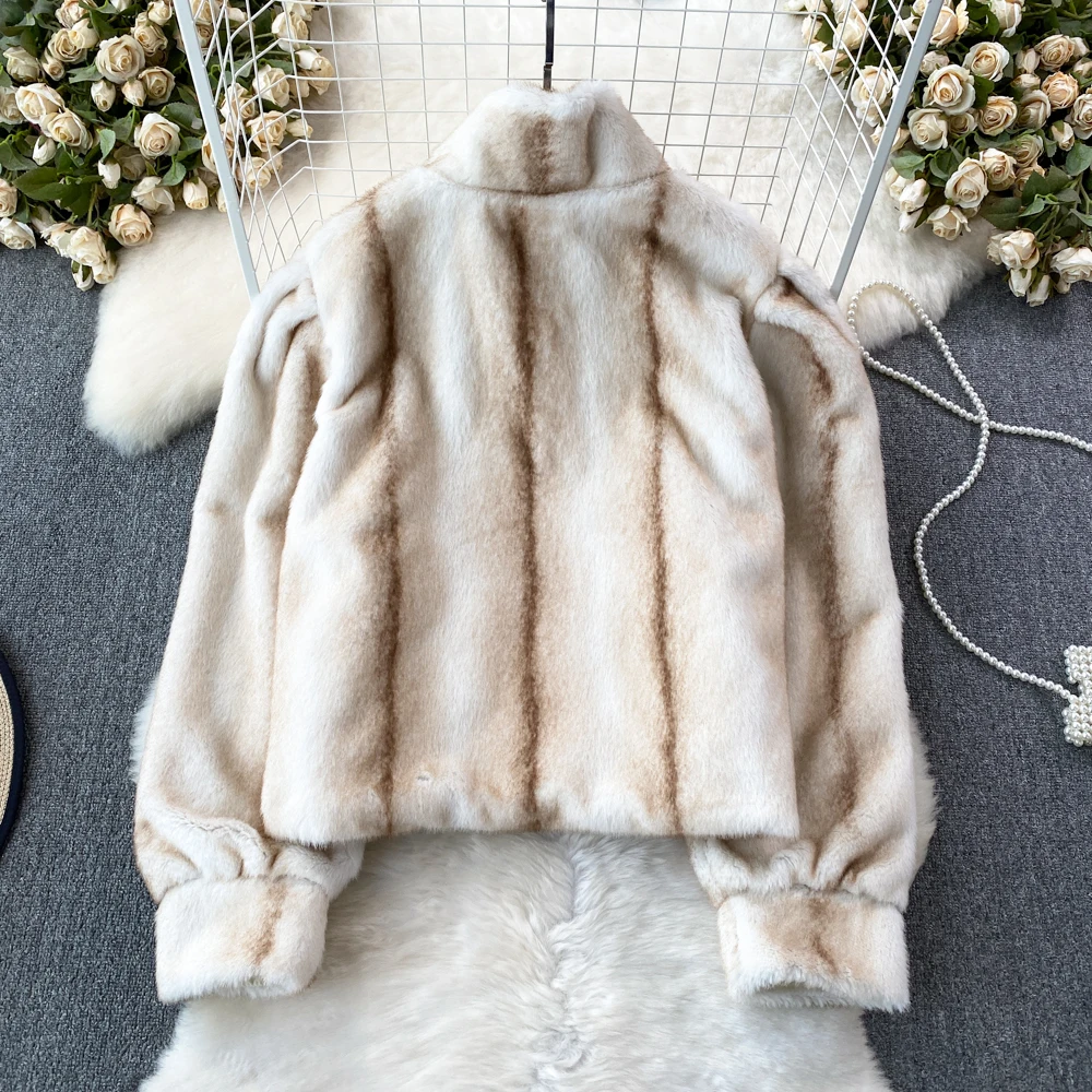 Women Fluffy Faux Fur Coat Soft Warm Stand Collar Long Sleeve Quilted Jackets Loose Gradient Female Winter Padded Overcoat