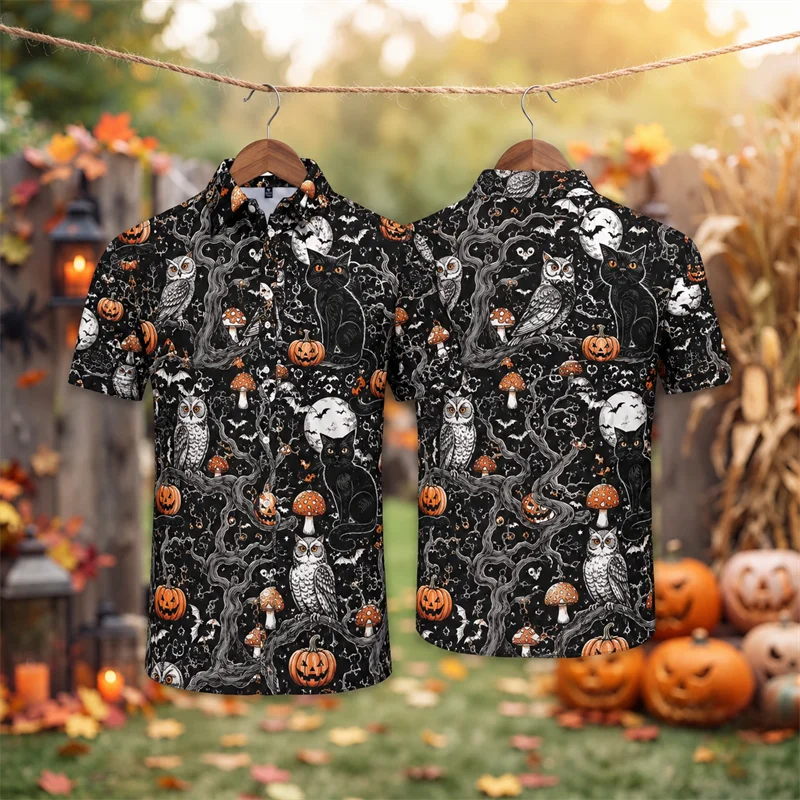 Halloween Pumpkin Ghost Skull Print Shirts For Men Fashion Trendy Holiday Wear 3D Printed Blouse Loose Breathable Streetwear Top