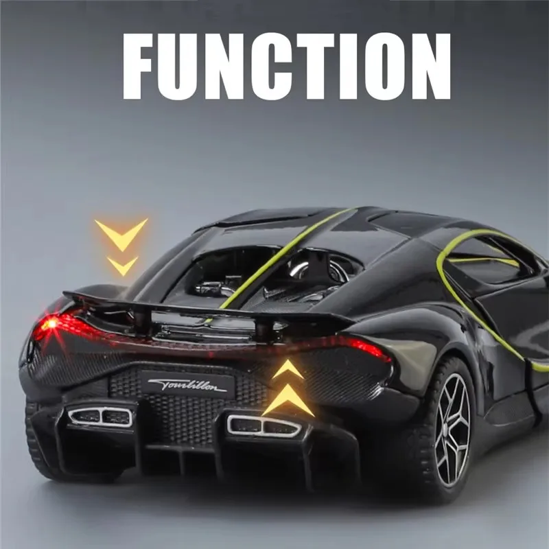 

Новинка 1:32, миниатюрная модель автомобиля Bugattis Tourbillon Chiron из сплава, литая под давлением металлическая модель автомобиля, звук и свет, детская игрушечная машина, подарок