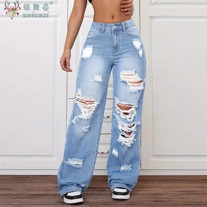 

Women's Jeans Blue Distress Denim Pants High Waist Wide Leg Pants with Pockets Vintage Fashion Casual Trousers Autumn Streetwear