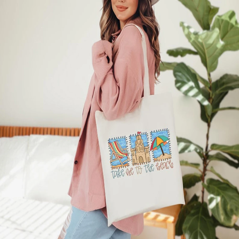 Custom Canvas Handbag Take Me To The Beach Printed Tote Bag Large Capacity Storage Vacation Travel Bag For Beach Lover Gifts