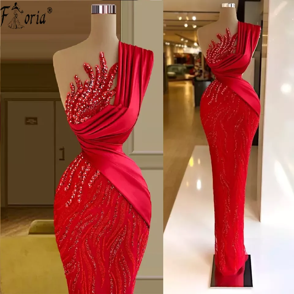 Modest Red Evening Wedding Dresses Arabia Beaded Sequin Mermaid Prom Gowns Cocktail Formal Dress Elegant Gala Robe Soiree Femme