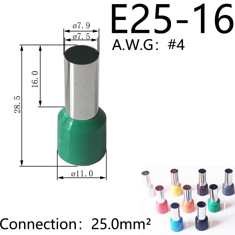 (200PCS/Bag) 9Colors 4AWG 25mm² Pure Copper Insulated Ferrules Crimp Terminal E25-16 Block Cord End  Electrical Wire Connector