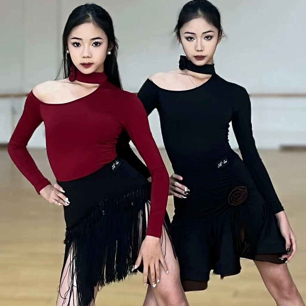 

Spring Dress Women Latin Dance Performance Dress Off Shoulder Tops Fringe Skirt Suit Practice Samba Chacha Dance Wear DN20093
