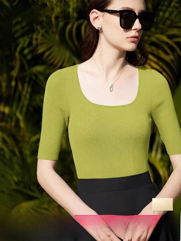 

Slim Fit Knitted Sweater Women's Square Collar mid Sve Flat Needle Knit Crt Summer New Sle Faionable Commute Sle