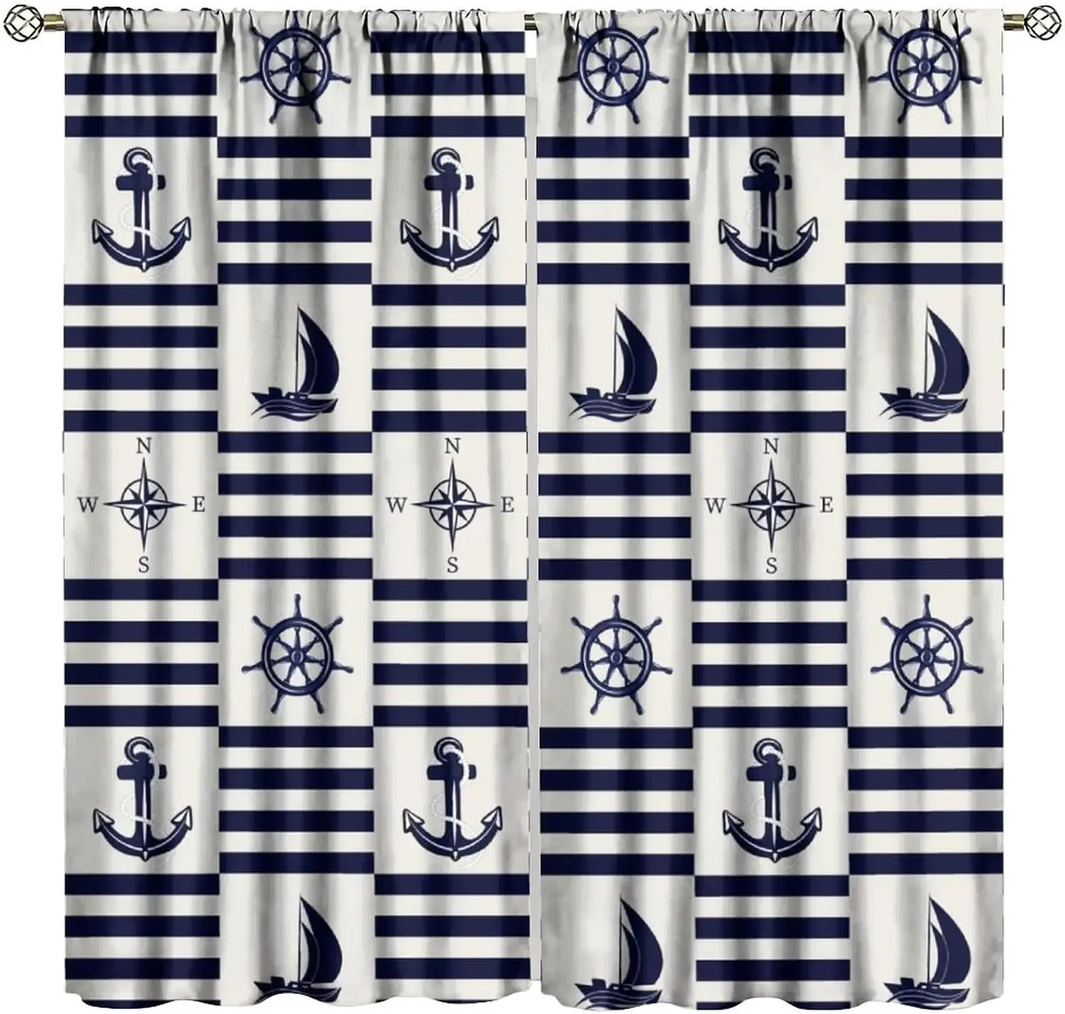 Nautical Anchors Decor Window Curtain,Rigging Compass Anchor Yacht Striped for Home Kitchen Livingroom Coffee Room Window Drapes