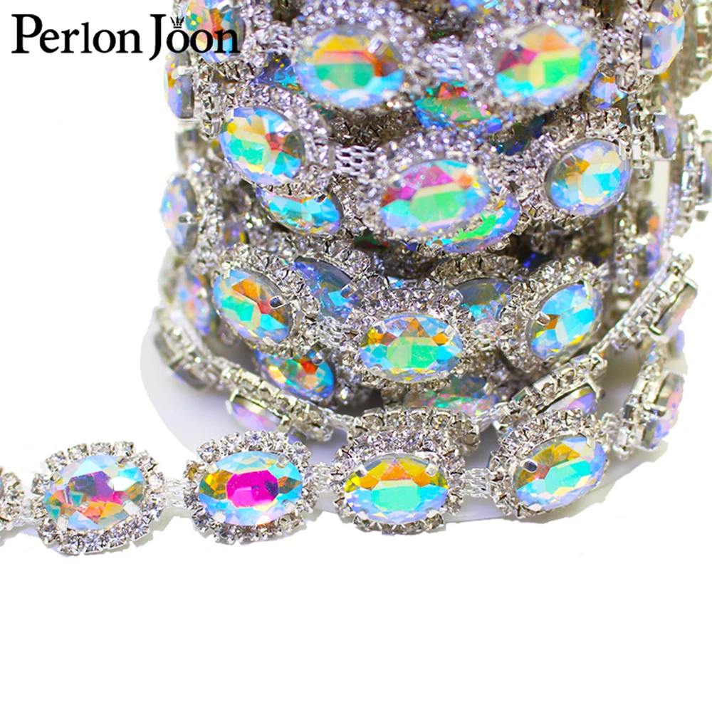 1 Yard Crystal Oval Rhinestone Trimmed Glass Silver Metallic Ribbon Women Clothing Shoes Hats Craft Decoration Accessories ML064