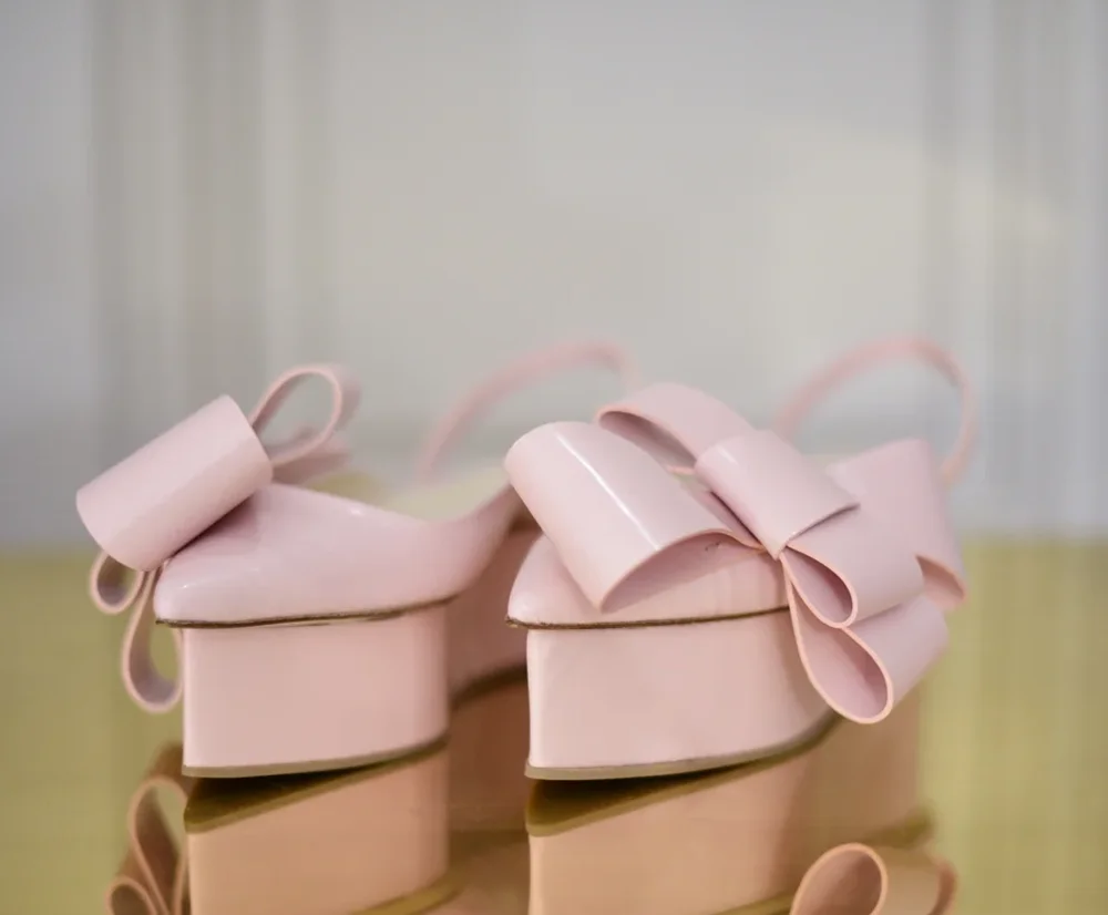 Blush Pink/Black Patent Slingback Sandals Oversized Bow Detail Pointed Toe Platform Design Sweet Retro Style Summer Sandals view 3