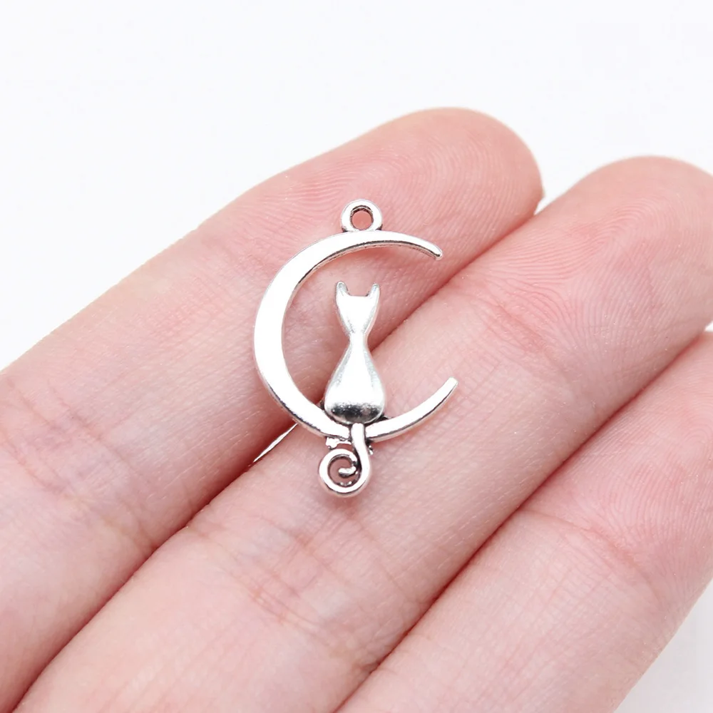 40pcs/lot 21x13mm moon cat Charms For Jewelry Making Antique Silver Color 0.83x0.51inch