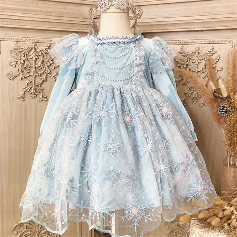 

Blue mesh stitching bead embroidery princess dress girls' dress Lolita children's velvet dress