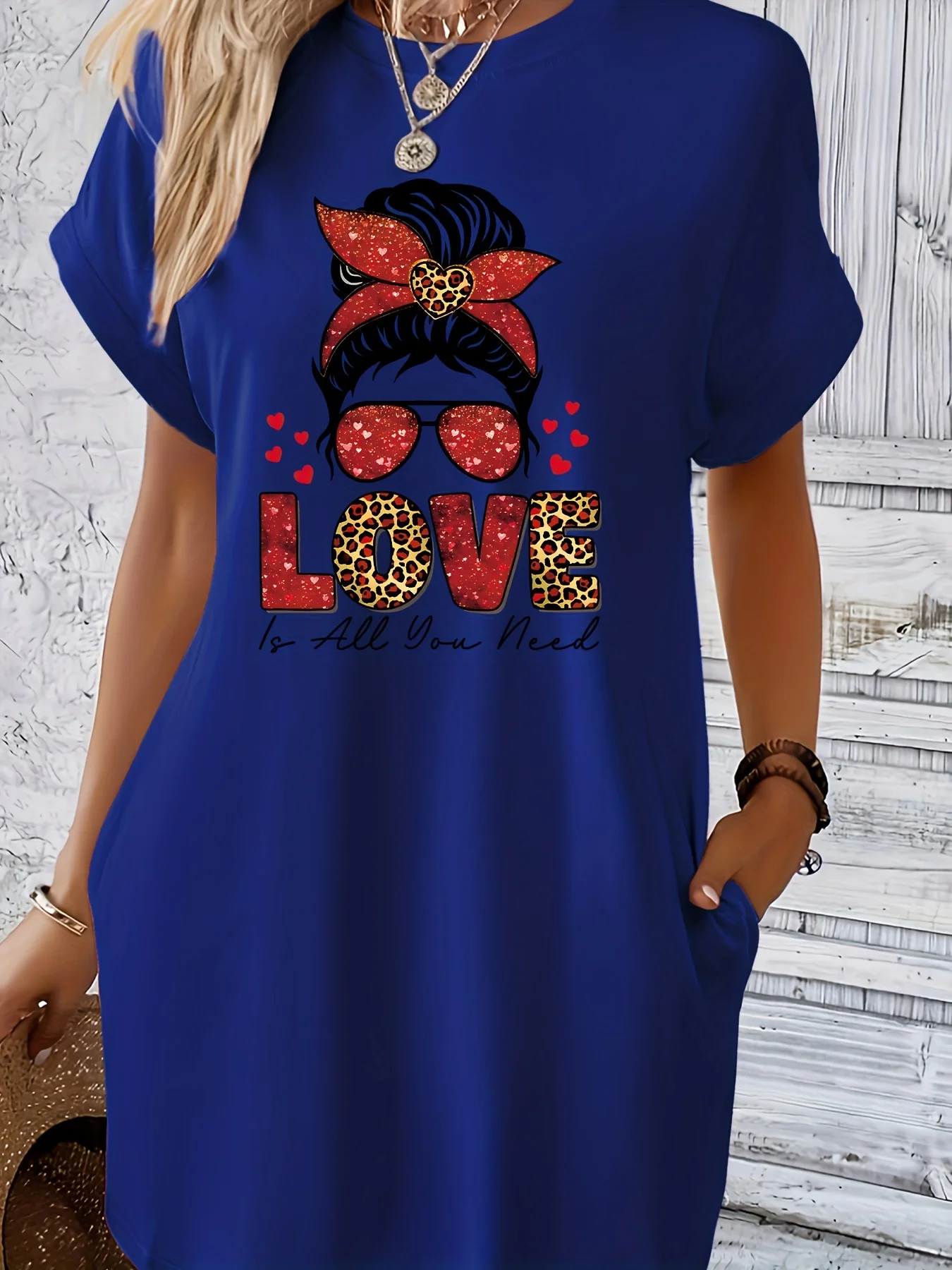 Women'S Casual Knit TShirt Dress with  Letter Print Crew Neck Short Sleeve Fashionable Top Black with Colorful Flag Design