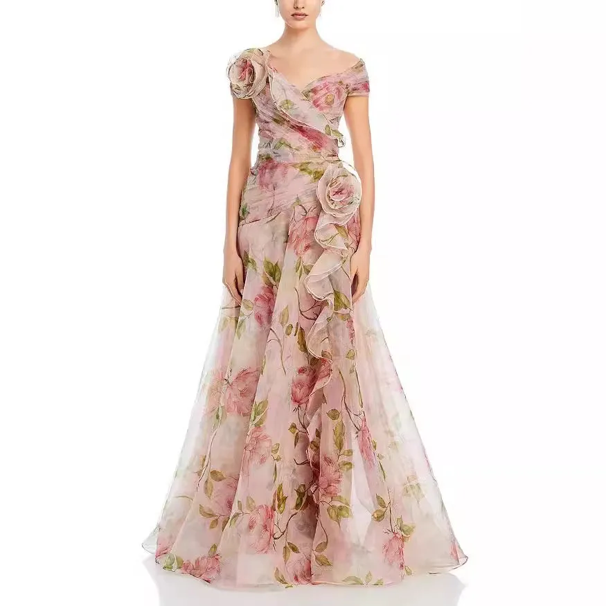 Banquet Prom Dresses For Women 2025 Pink 3D Floral Print Birthday Party Elegant Strapless A Line Ruched Long Evening Gown Fairy