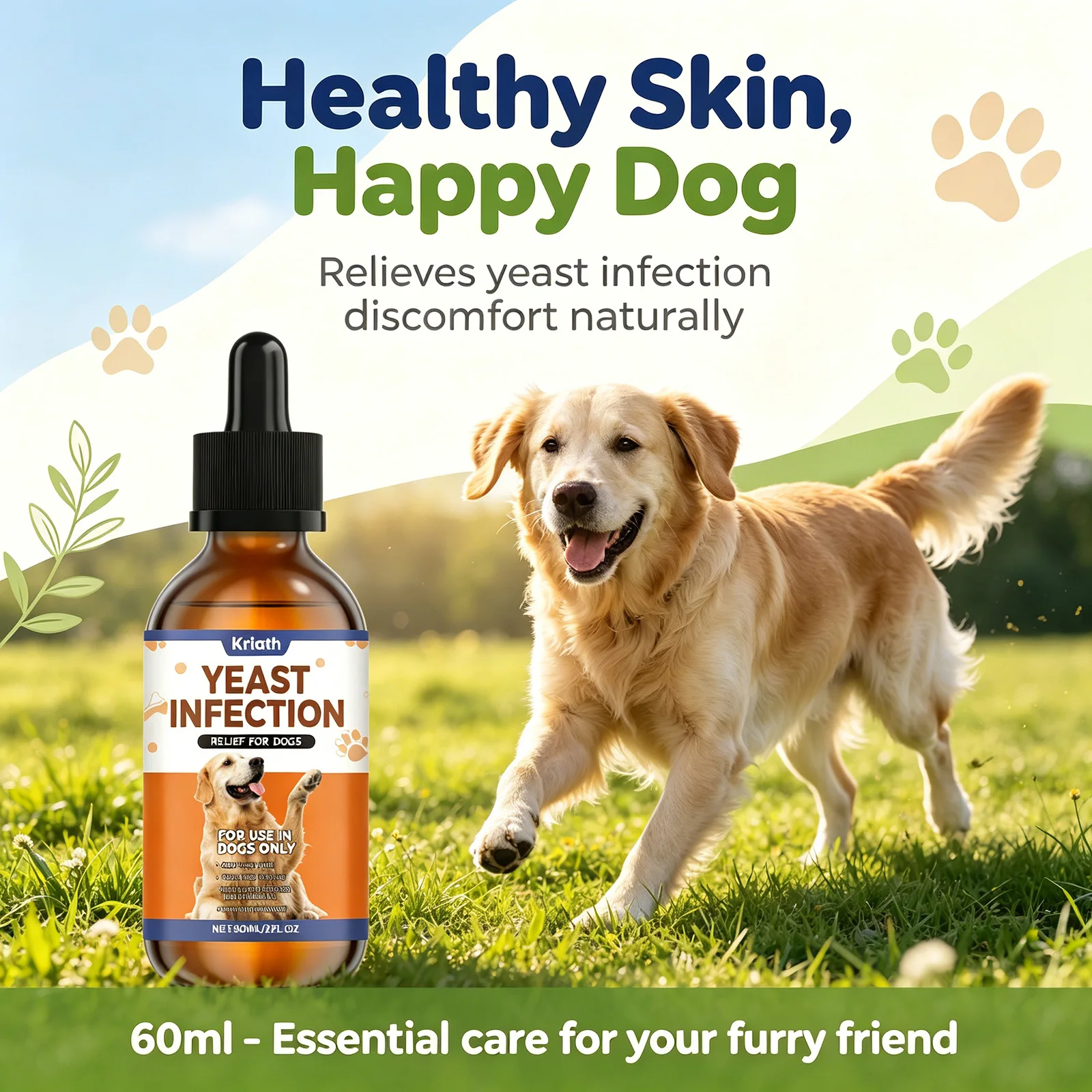 Dog Herbal Drops for Skin & Coat Health – Yeast Infection Relief, Itching & Redness Soother, Immune Support Supplement 60ml