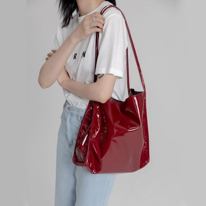 Fashion Patent Leather Women Shoulder Bags Vintage Female Casual Tote Handbags Large Capacity Ladies Shopping Bag