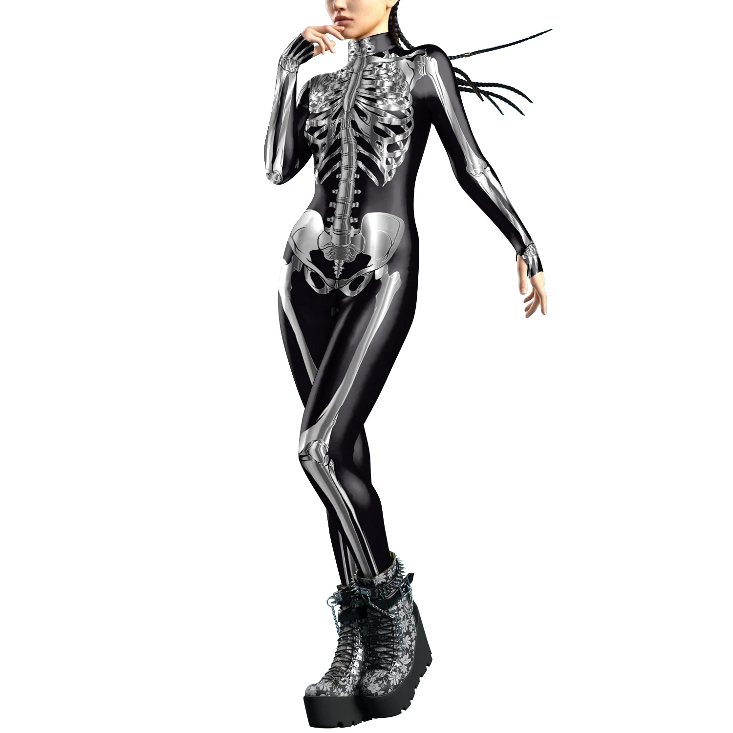 Disfraz de esqueleto con cremallera frontal para mujer, bodys Zentai de Halloween, traje de espectáculo de fiesta aterrador, mono de Cosplay con diseño de pulgar, 2024