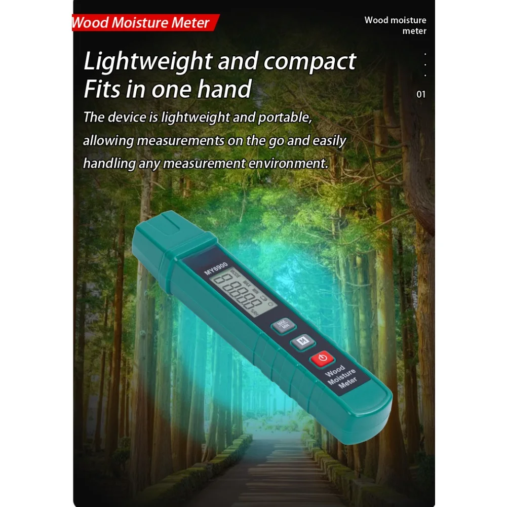 Moisture Meter MY6900 with Protective Rubber Cap Dual Pins Backlit Screen 3-Minute for auto Shut-Off 62g Portable Design