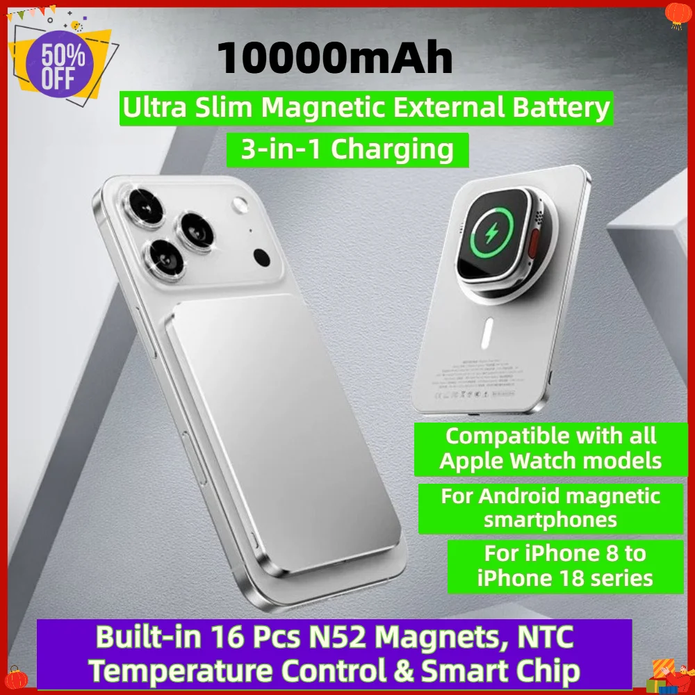 10000mAh Magnetic External Battery,20W Fast Charge Portable Power Bank,3-in-1 Charging For iPhone 8-17 Apple Watch Android
