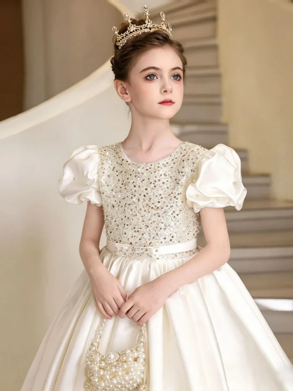 Elegant Satin Sequined Girls Dresses For Piano Performance Romantic Puff Sleeve Kids Princess Gown Formal Banquet Party Wear
