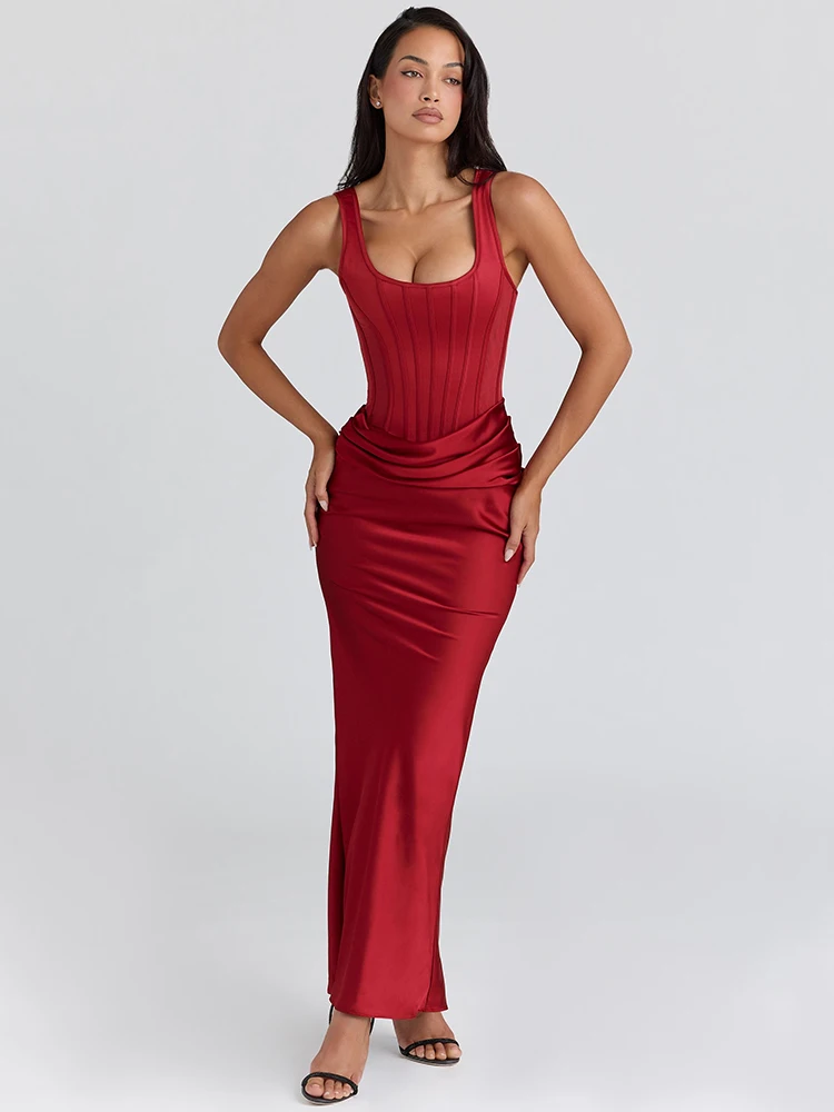 Articat elegante sin mangas de satén de alta elasticidad vestido largo de mujer Sexy sin espalda ajustado Fiesta Club vestido de noche boda de Navidad