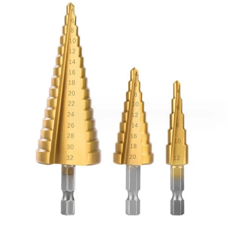 

High speed steel hexagonal shank straight groove ladder drill 4-12 4-20 4-32mm for aluminum alloys, drilling plastics, and wood