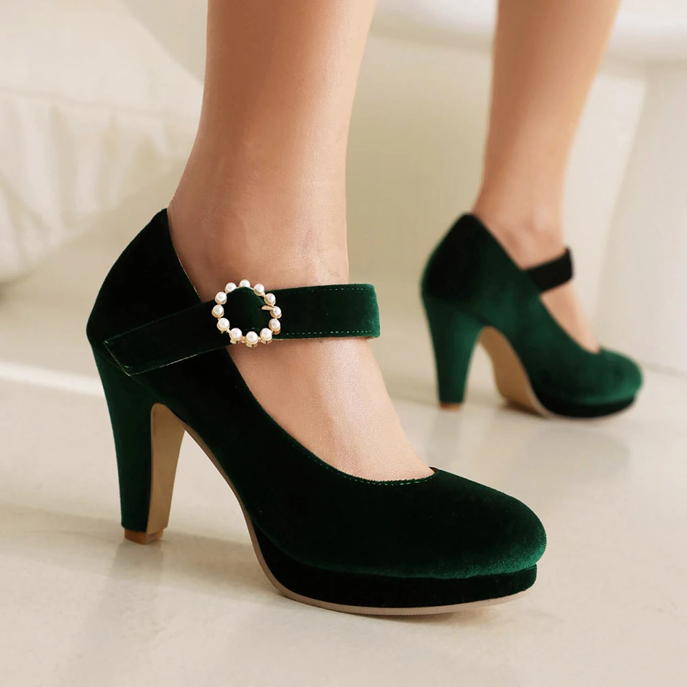 Women Velvet Mary Jane Shoes Block Heels Green Velour Thick Bottom Pumps Ladies Party Bride High Heel Luxury Femme Chaussure 44