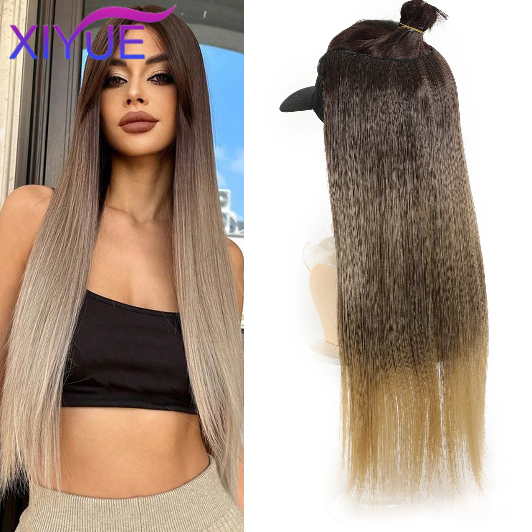 

XIYUE Synthetic V-shaped Long Straight Curly Hairstyle Hair Extension Black Gradient Hairpiece Wig for Women