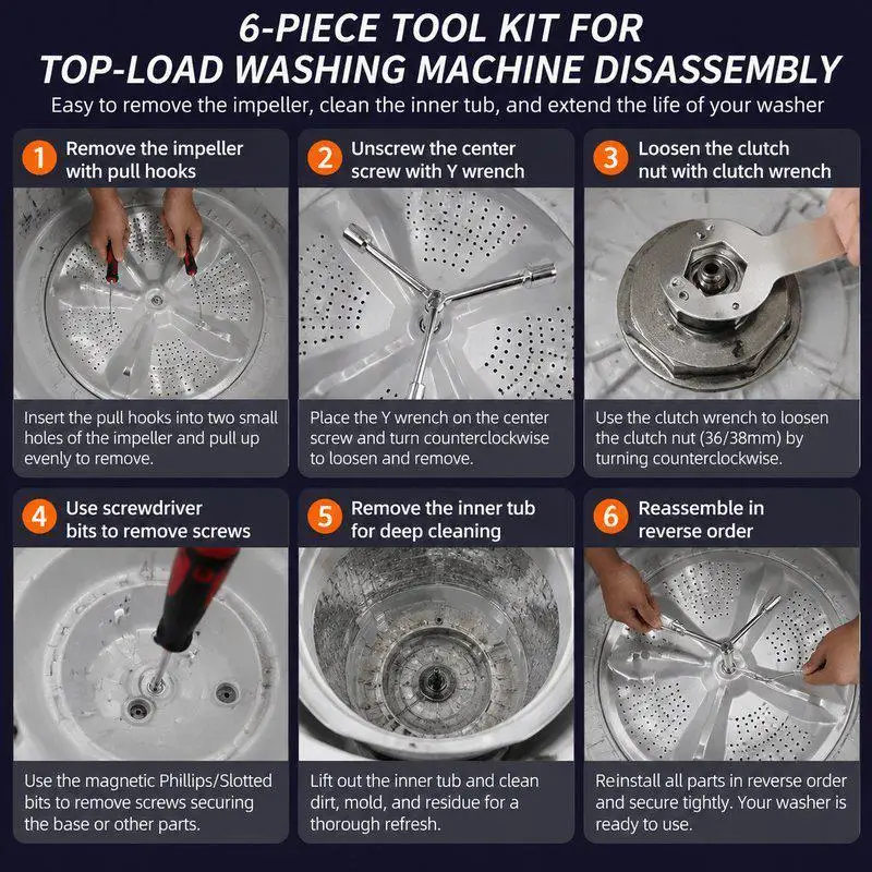 Washing Machine Repair Tool Set 6-Piece Rust-Proof Metal Drum Removal Kit for Home DIY & Commercial Repair Work