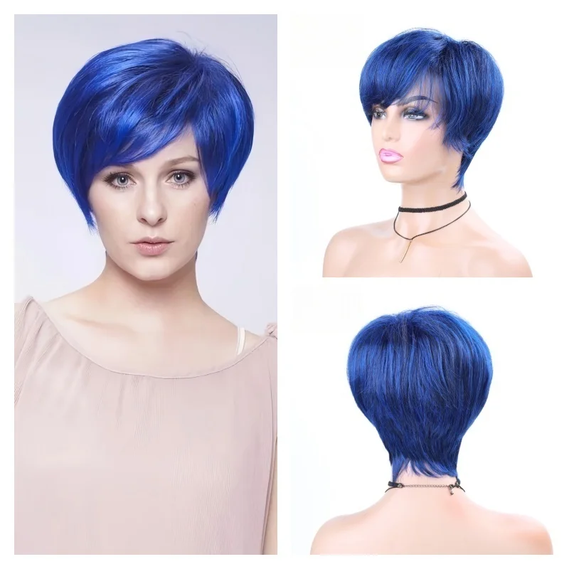 

Lydia Synthetic Pixie Cut Wig Wavy Wigs For Women Mixed Color 1B/Blue Short Straight Kanekalon Synthetic African American Wig