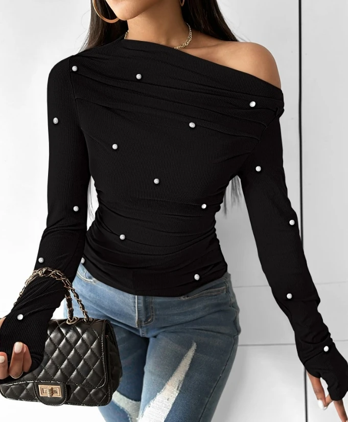 

Sexy Elegant New Fashion 2024 Autumn Winter Casual T-Shirt Pullover Tops Skew Neck Ruched Beaded Ribbed Top Y2K