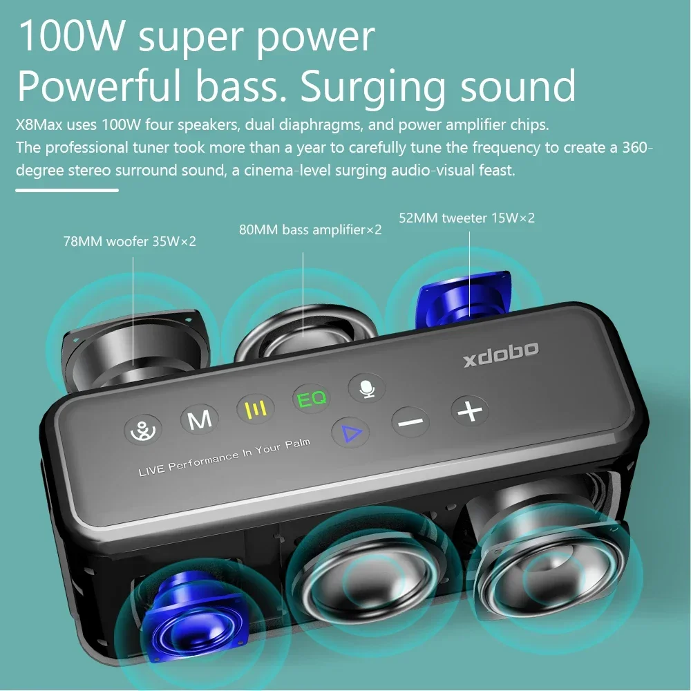 XDOBO X8 Max 100W Ultra-high Power Outdoor Portable Desktop Bluetooth Speaker Mobile Charging Waterproof TWS Computer Subwoofer