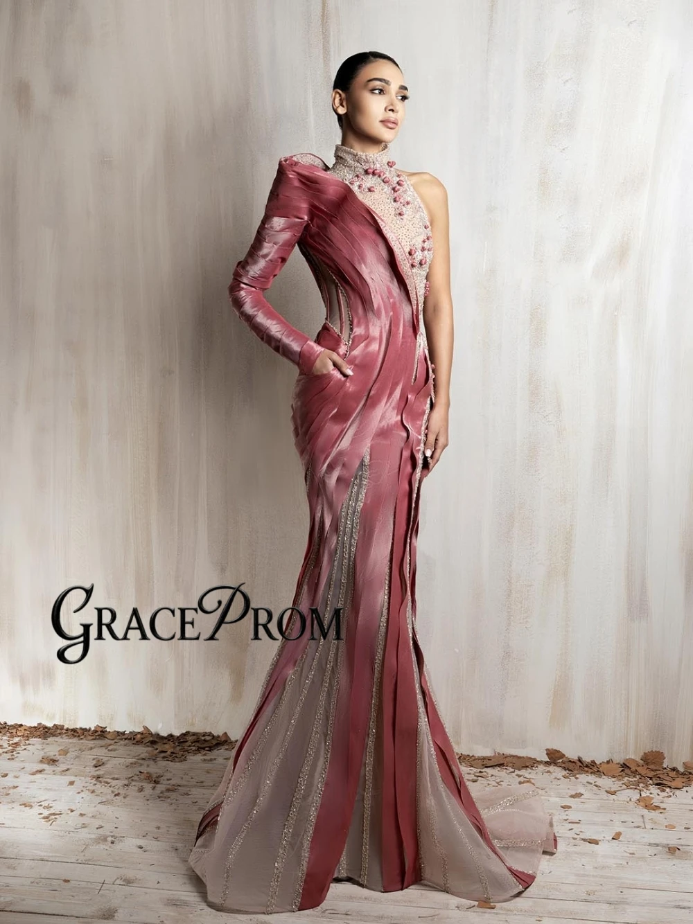 

Elegant Asymmetrical Satin Mermaid Prom Dress Rose Pink Beaded High Neck Unique Formal Glamorous Evening Gown For Wedding Party