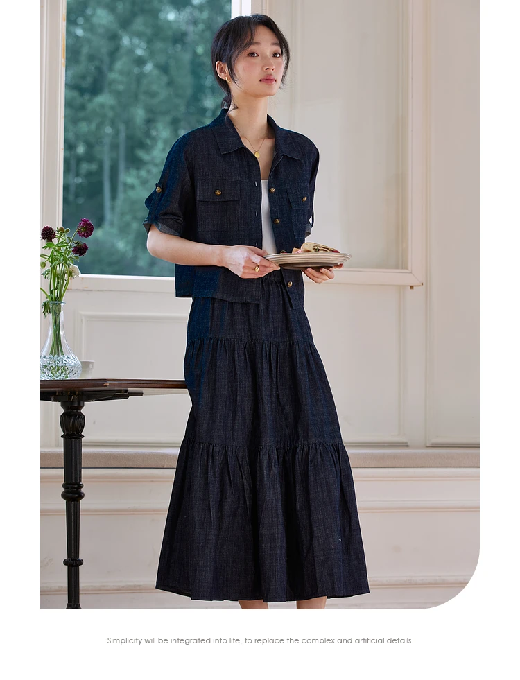 

VIMLY Retro High-end Sense Casual Commuter Denim Suit Women's 2025 Spring Umbrella Skirt Two-piece Set A0997