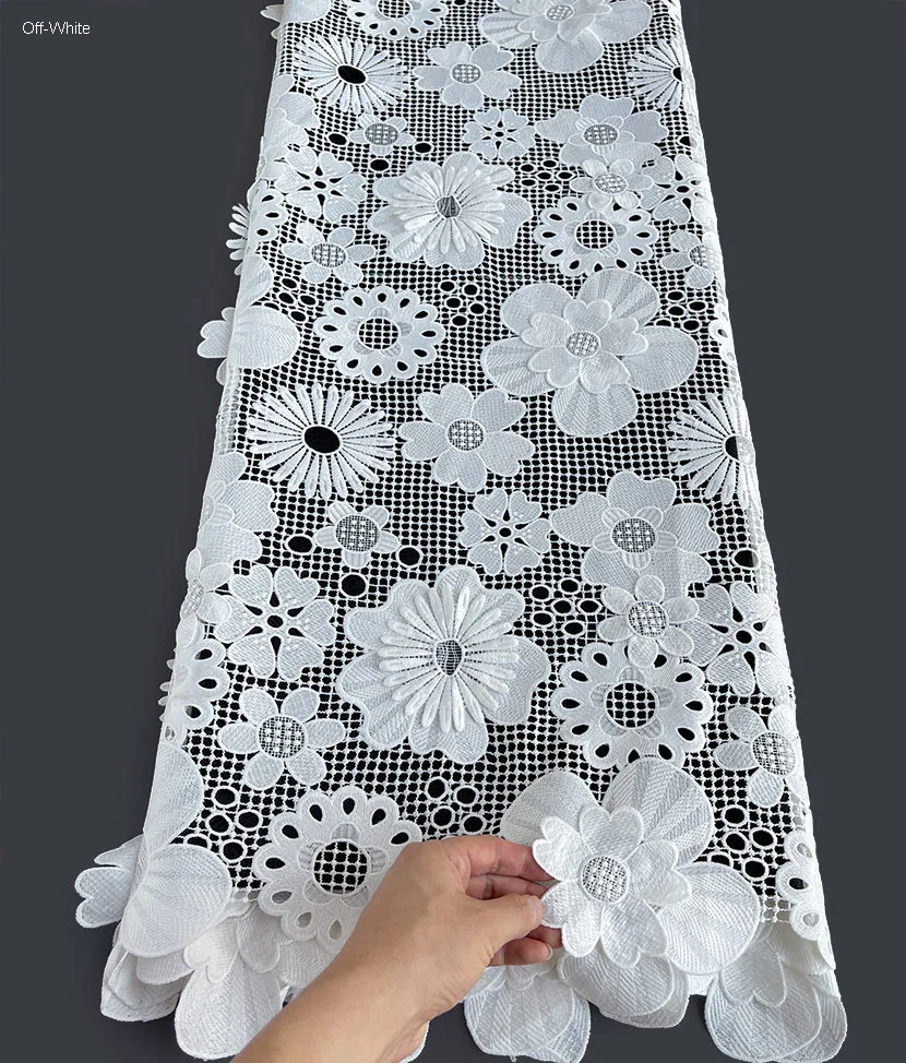 Off White Embroidered Wedding Guipure Lace 3D Rocking Cupion Fabric Newest African Occasional Sewing Cord Cloth High Quality
