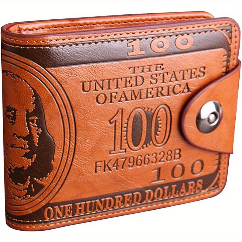 Men's 100 Dollar Bill Leather Wallet Bifold Design Snap Button Card Holder Cash Pocket Fashion Novelty Wallet