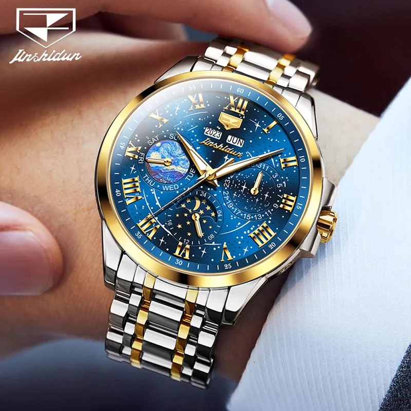 

JSDUN Brand Men Automatic Mechanical Watch 2023 New Fashion Starry Sky Dial Design Stainless Steel Watch For Men Luminous Reloj