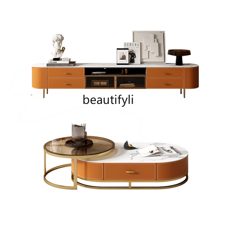 

Italian Light Luxury Modern Living Room Small Apartment TV Cabinet Unit Saddle Leather Stone Plate Telescopic Tea Table