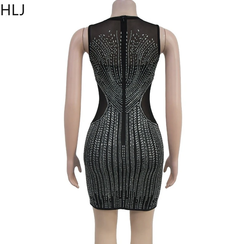 Hlj schwarz sexy Strass Bodycon Party Club Mini kleid 2024 Frauen Rundhals ausschnitt ärmellose Perspektive schlanke Vestidos Dame Kleidung