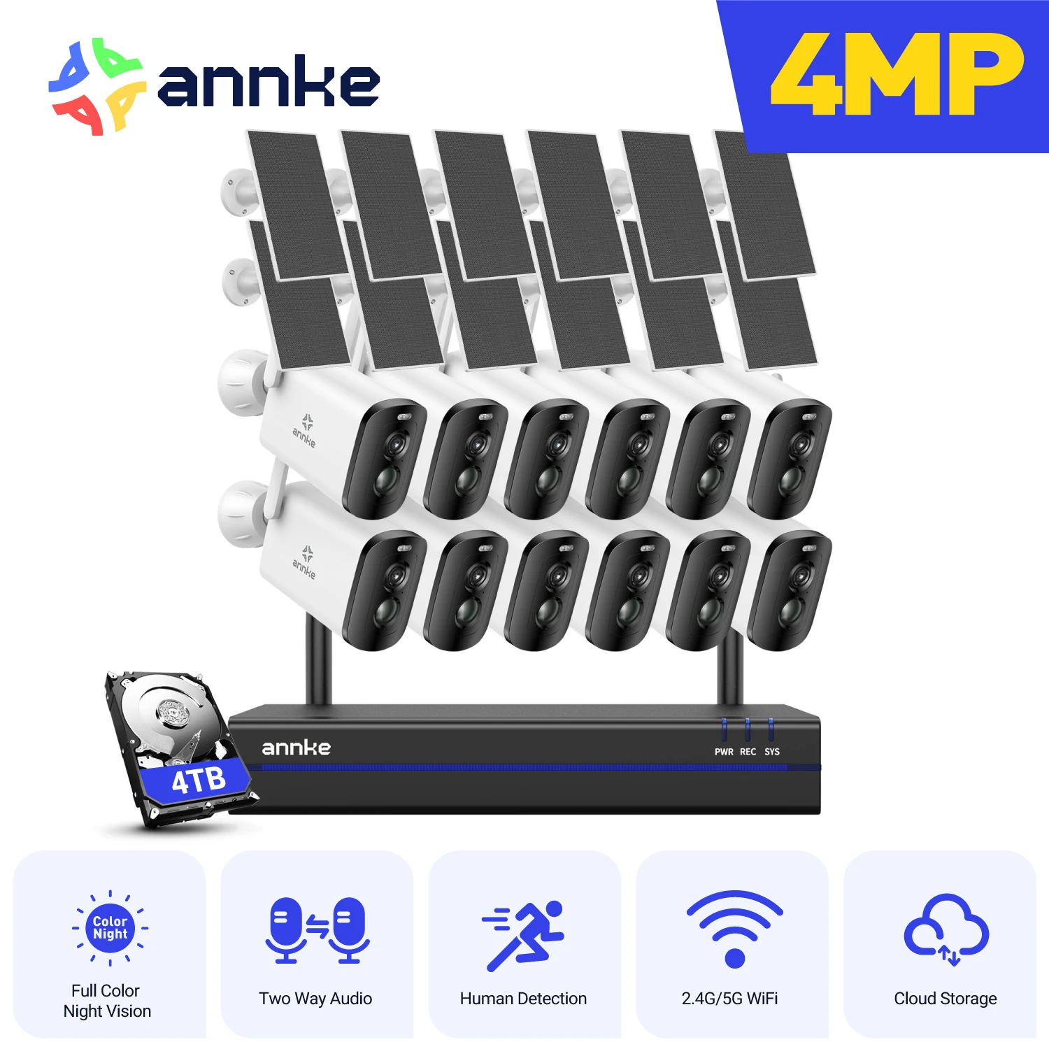 

ANNKE 4MP HD Беспроводная система видеобезопасности 16CH NVR 4/6/8/12 PCS IP-камера PIR ночного видения Уличная беспроводная солнечная камера