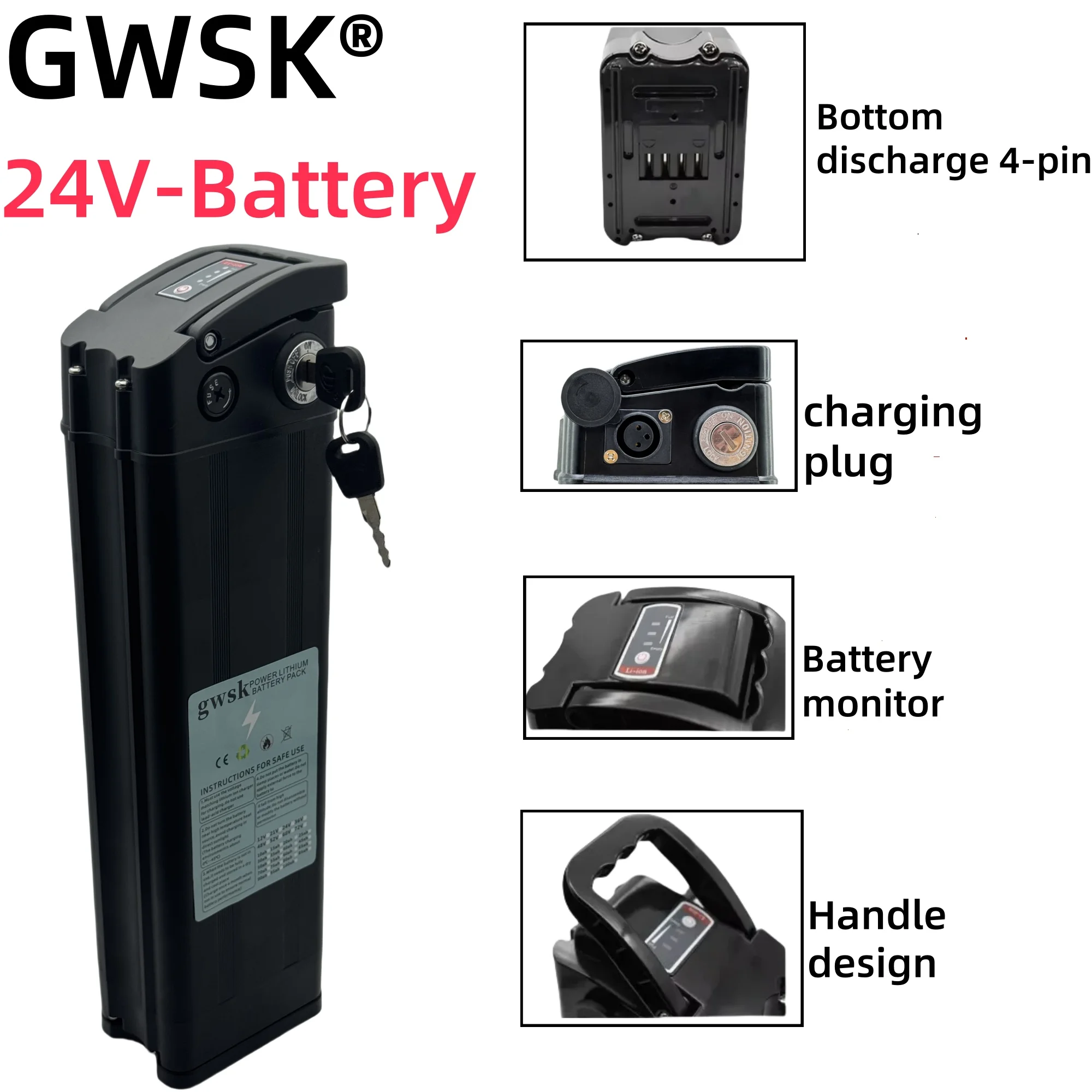 النقل الجوي، 48V36V24V، 20AH-50AH سعة حقيقية 100%، بطارية ليثيوم على شكل سمكة فضية مكونة من 4 سنون + شاحن #3