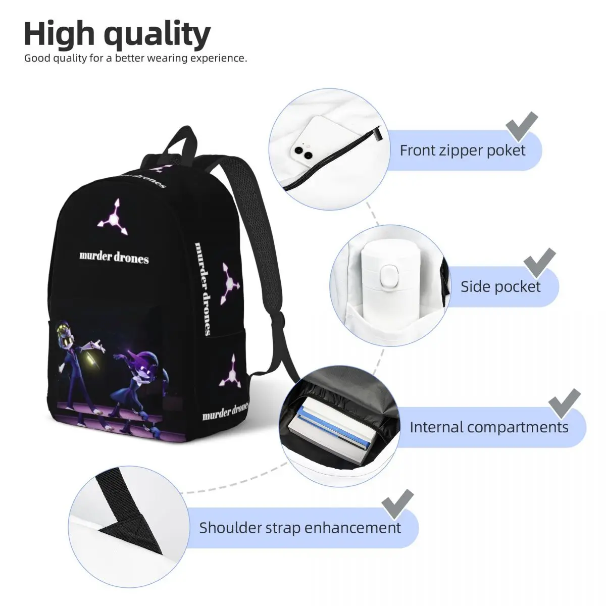 Murder Drones Cartoon Anime Casual Backpack Lightweight Student Hiking Travel TV Series Daypack Men Women Laptop Shoulder Bag