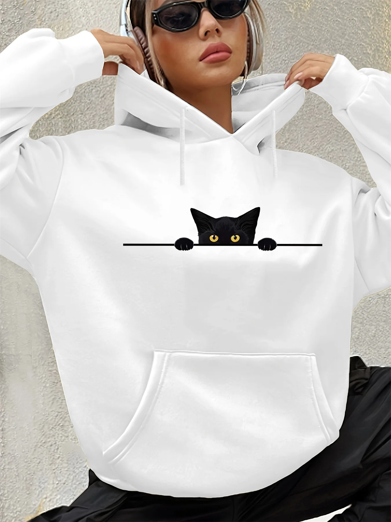 Women's Autumn and Winter Warm Loose Casual Pattern Printed Suede Long Sleeved Hooded Sweatshirt