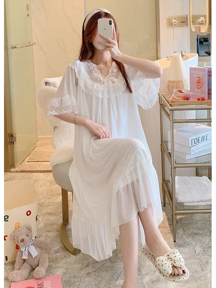 Summer Sleepshirts French Court Style Nightdress Women's Lace Short-sleeved Pajamas White Princess Loungewear Nightgowns