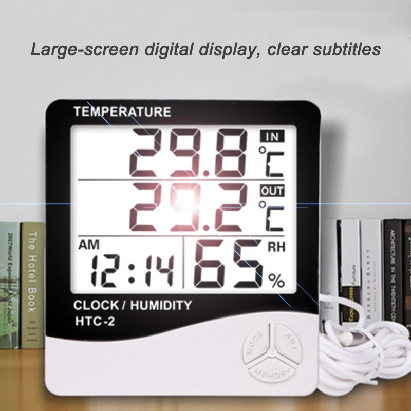 Digital LCD Thermo-hygrometer 1 Piece of Household Indoor and Outdoor Electronic Thermometer, Weather Station with Alarm Clock