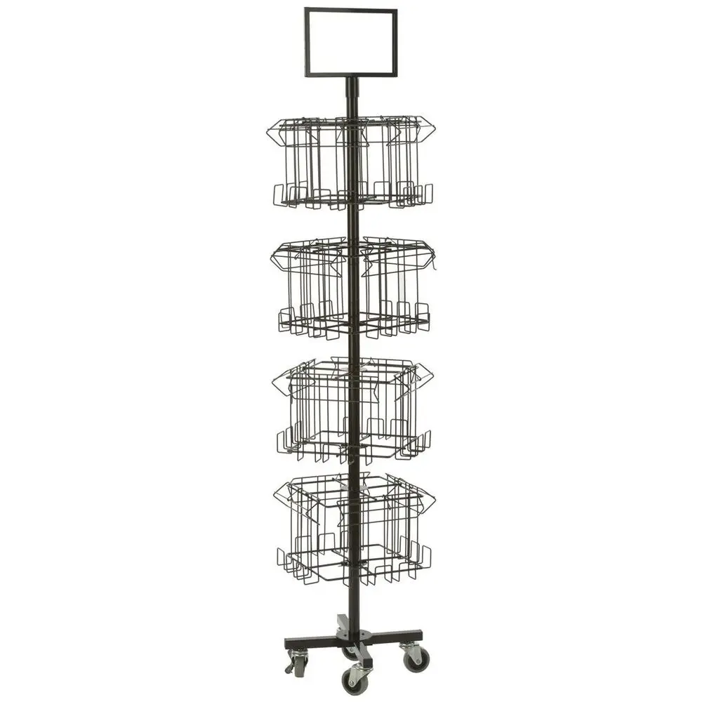 Floor Standing Portable Literature Rack, 16 Pockets for Magazines, Spinning, Tiered Steel Wire