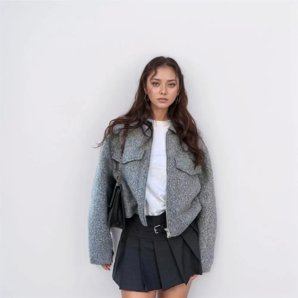 Spring Autumn Short Jacket Warm Tweed Street Fashion Women's Solid Color Zipper Large Pocket Jacket Outerwears Куртка Женская