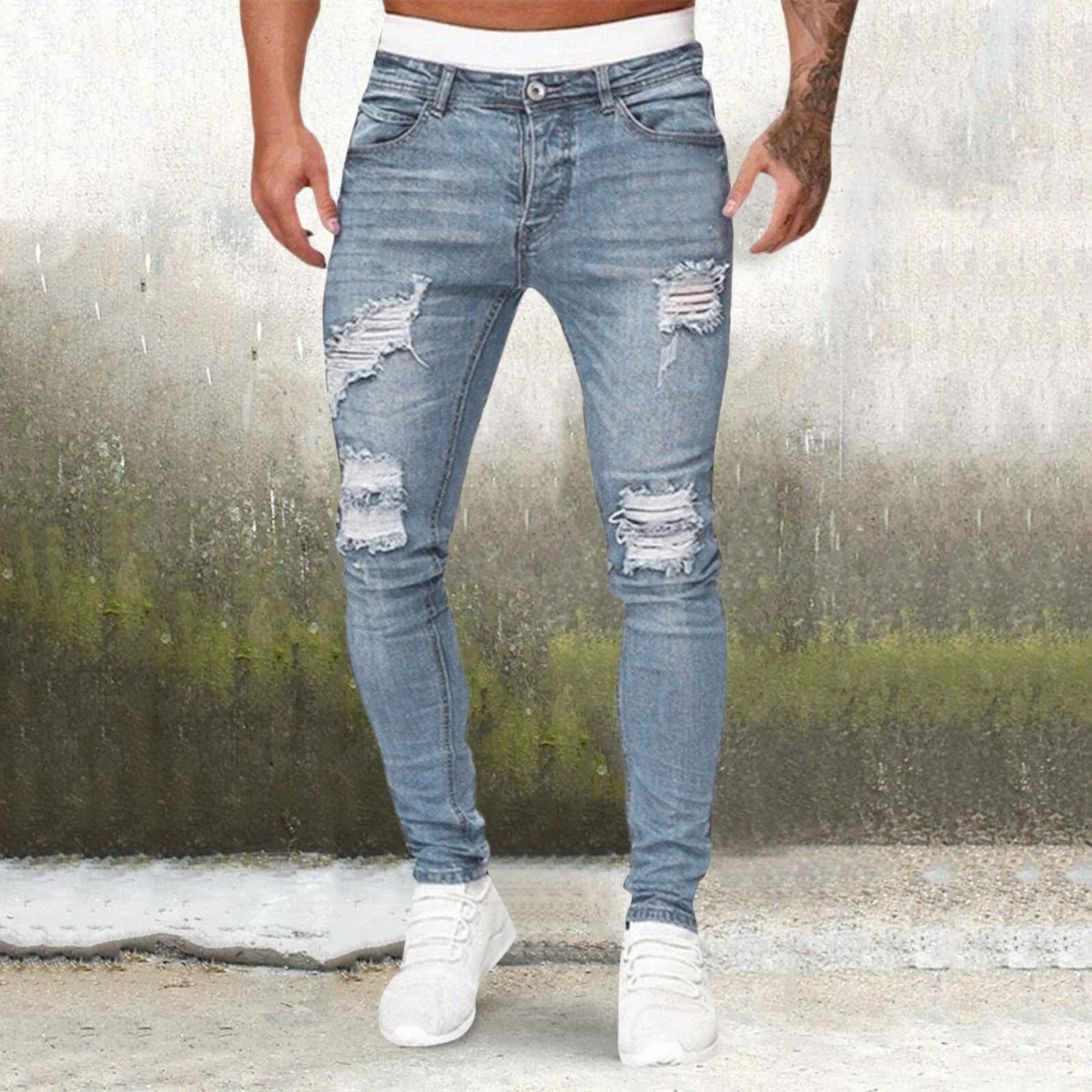 Men's Casual Hip Hop Sports Jeans High Stretch Tight Wash Polished White Fit Zipper Ripped Denim Pants pantalones hombre
