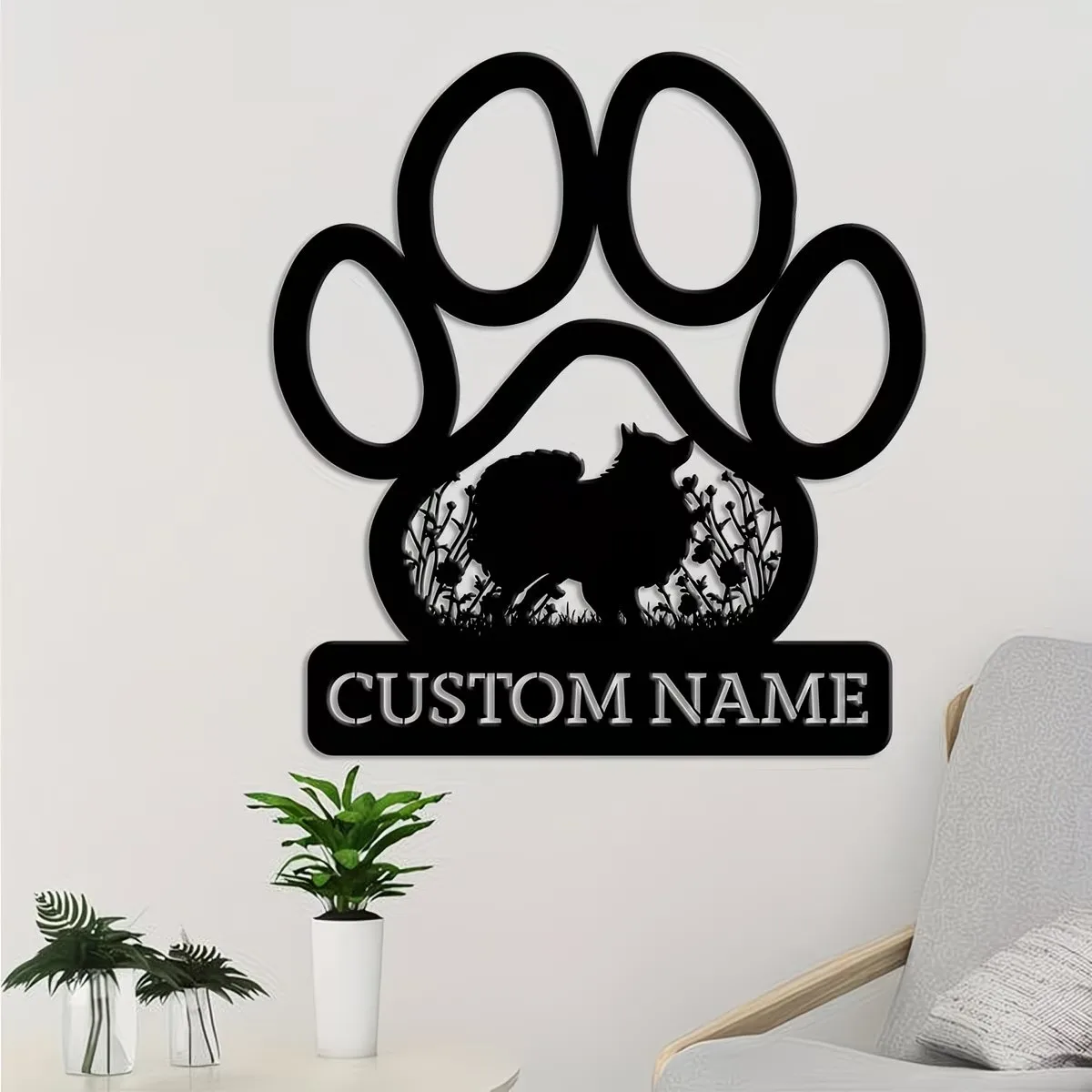 Letrero Personalizado con Diseño de Pomerania, Adorno Colgante para Fiestas, Decoración para Puerta, Arte de Pared con Silueta de Perro y Flores