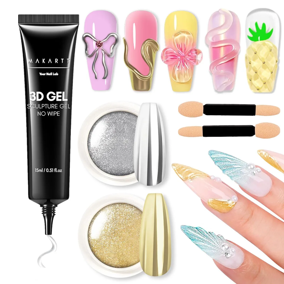 

Makartt 3D Nail Gel and Chrome Nail Powder Kit, 15g Sculpting Gel for Nail Art DIY No wipe 3D Molding for Gel Decoration