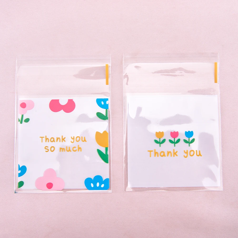 50pcs 7x7cm Flower Transparent Self-Adhesive Pouches Plastic Packing Bags for Biscuits Candy Cookies Jewelry Gift Packaging