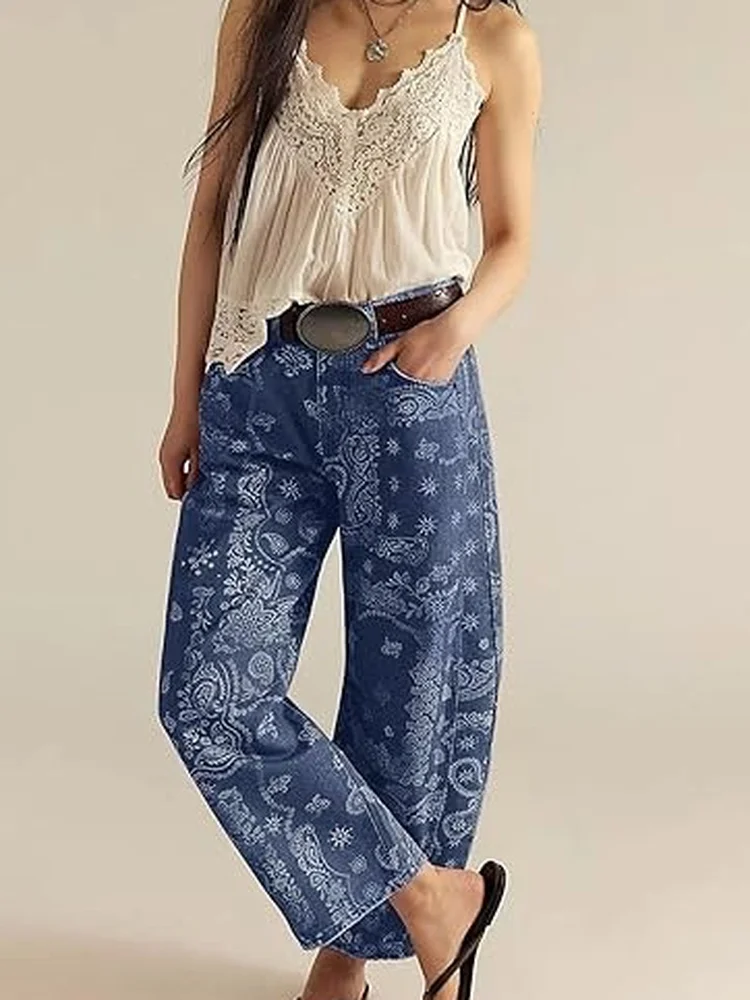 Casual Loose Women's Printed Jeans Knife Pants Cotton Fabric Autumn Season Ladies Fashion Loose Fit Elastic Waist Chinese Origin